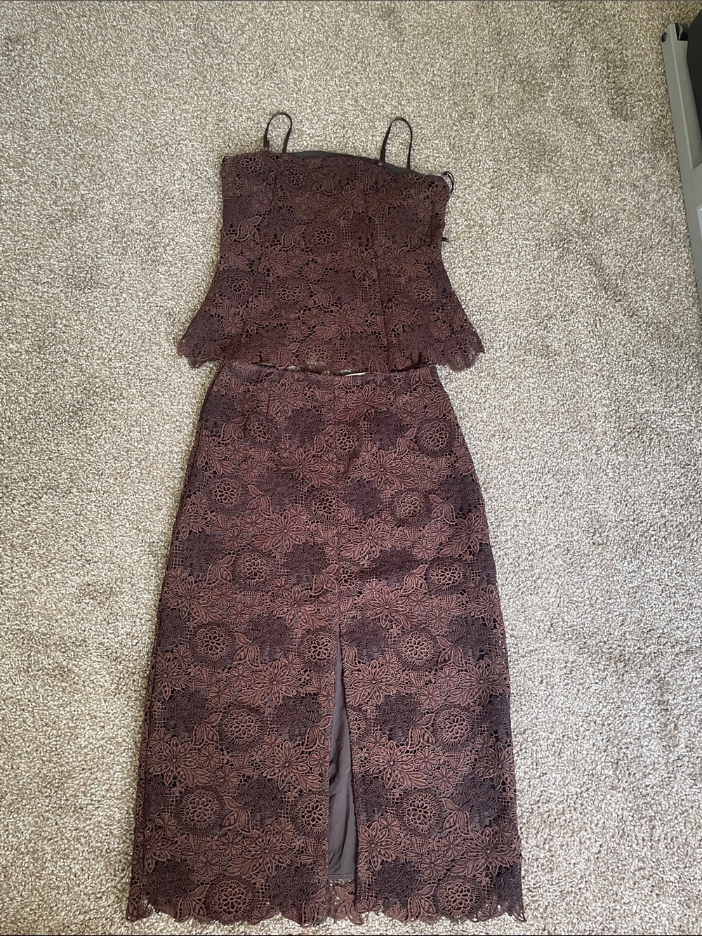 Marie Oliver Brown Floral Lace Midi skirt and top